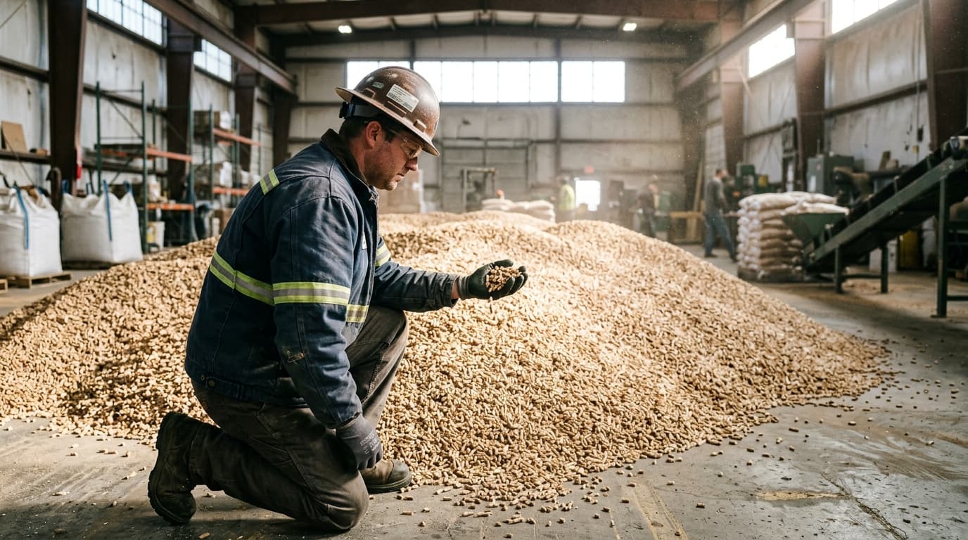 Production worker monitoring the pelletizing process of pine sawdust in the facility